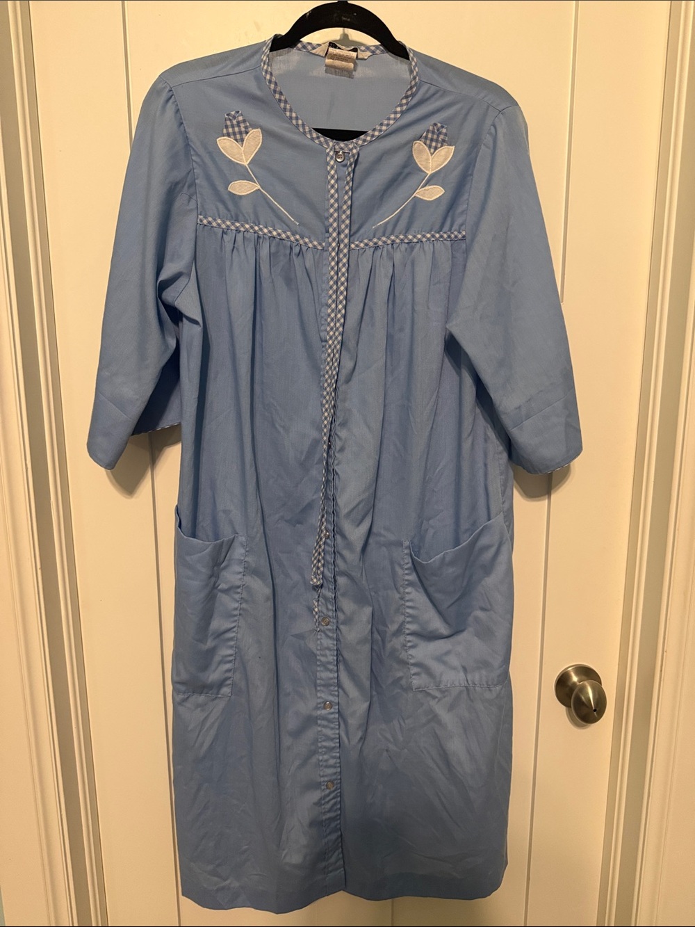 Models Coat Cotton Blend Light Blue Button-Up Housecoat with Floral Gingham Trim